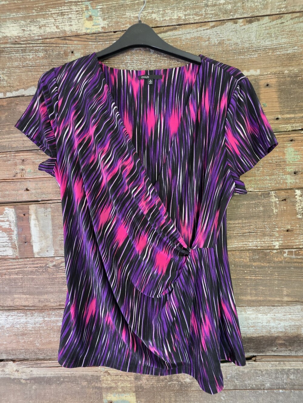 Chaus Size L Pink Purple Abstract Faux Wrap Ruffle Flutter Sleeve Top - Picture 2 of 5